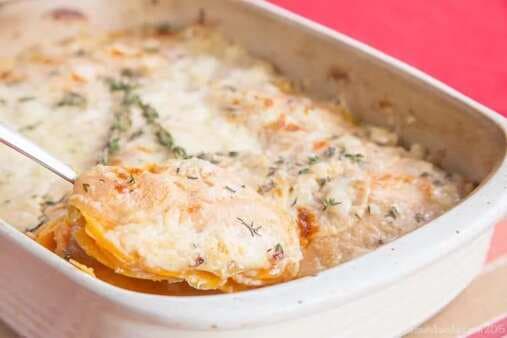 Cheesy Scalloped Sweet Potatoes And Apples