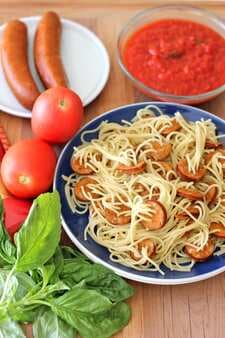 Threaded Spaghetti Hot Dog Bites With Homemade Marinara Sauce