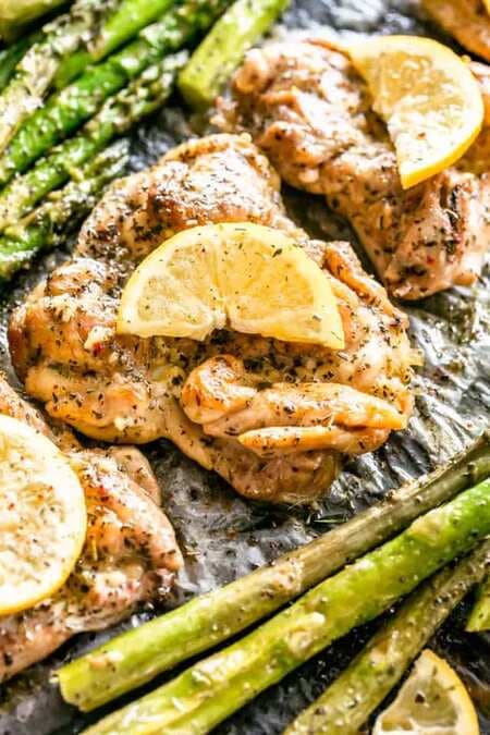 One Pan Lemon Garlic Butter Chicken Thighs and Asparagus