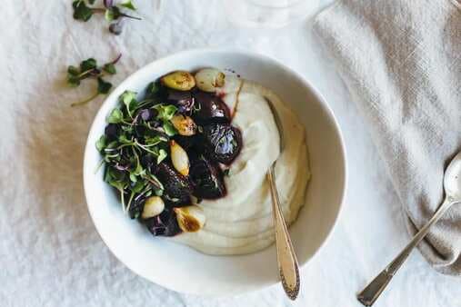Celery Root Puree With Balsamic Roasted Beets And Pearl Onions