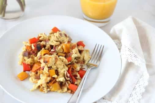 Scrambled Eggs With Bacon And Sweet Peppers
