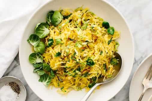 Spaghetti Squash, Brussels Sprouts And Crispy Shallots