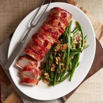 Bacon-Wrapped Pork Tenderloin With Honey-Almond Green Beans