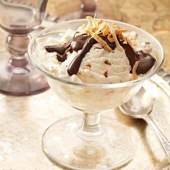 Coconut-Almond Frozen Greek Yogurt With Hot Chocolate Drizzle