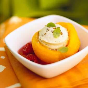 Cream Cheese-Filled Cantaloupe Bowls With Watermelon Sauce