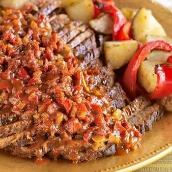 Fennel-Garlic Braised Brisket With Roasted Peppers & Potatoes