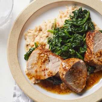 Honey-Mustard Pork With Spinach & Smashed White Beans