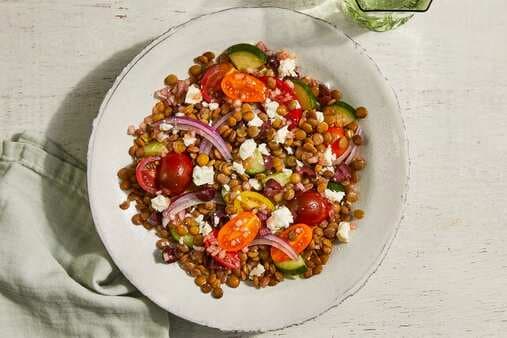 Lentil Salad With Feta Tomatoes Cucumbers & Olives