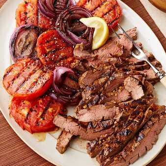 Molasses-Mustard Marinated Flank Steak With Grilled Tomatoes & Onions
