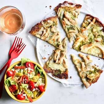 Pesto Chicken Cauliflower Pizza & Antipasto Salad
