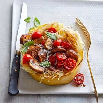 Spaghetti Squash Nests With Sausage Mushrooms & Tomatoes