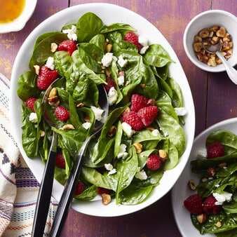 Spinach Salad With Raspberries Goat Cheese & Hazelnuts