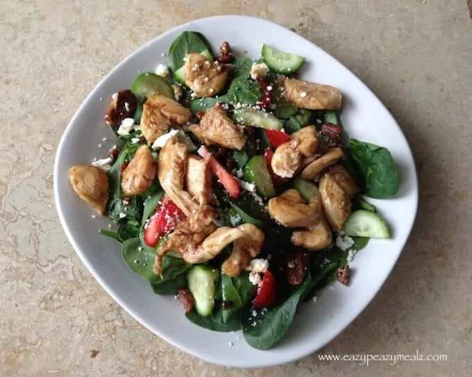 Sweet Balsamic Chicken Spinach Salad With Strawberries, Pecans, Cucumber, And Feta