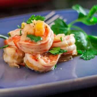 Spanish Style Shrimp Tapas With Tomatoes And Onions