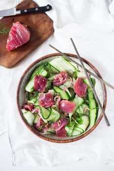 Ahi Salad With Cucumber Ribbons, Pickled Onions And Dill