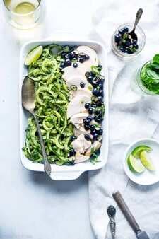 Blueberry Honey Lime Chicken With Avocado Pesto Cucumber Noodles