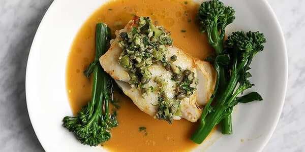 Baked Cod Fillet With Bouillabaisse Sauce And Green Olive Tapenade