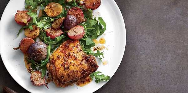 Crispy Chicken Thighs With Spice-Roasted Radishes