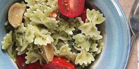 Farfalle With Roasted Garlic Pesto And Cherry Tomatoes