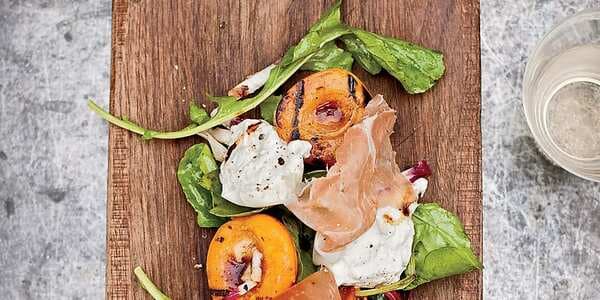 Grilled Apricots With Burrata, Country Ham And Arugula
