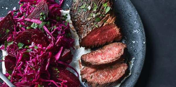 Hanger Steaks With Cabbage-And-Beet Salad