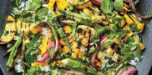 Masala Grilled Vegetables With Spicy Mint Chutney