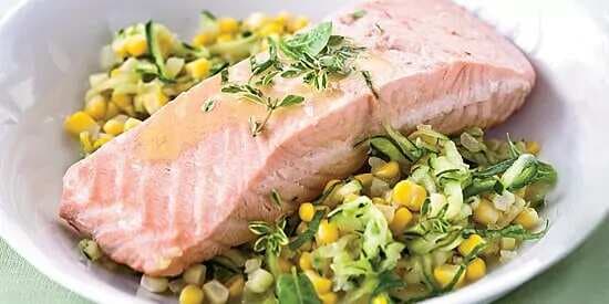 Poached Salmon With Corn And White Wine-Butter Sauce