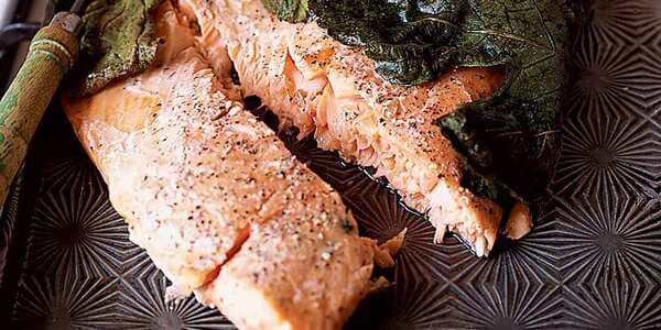Salmon Fillet Baked In Fig Leaves With Garlicky Potatoes