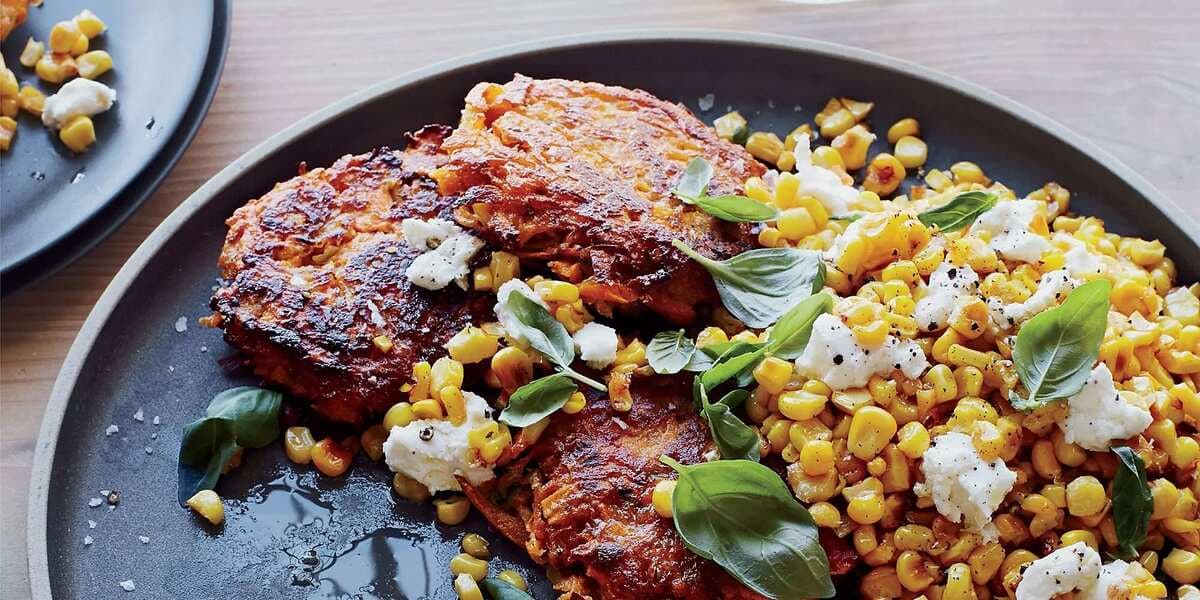 Sweet Potato Cakes With Yellow Corn, Basil And Goat Cheese