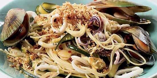 Angel Hair Pasta With Squid, Mussels And Zucchini