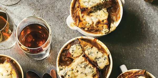 Caramelized Onion And Bread Soupwith Brûléed Blue Cheese