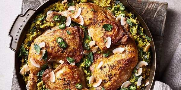Coconut-Braised Chicken And Rice With Collard Greens