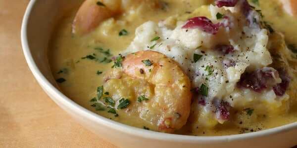 Corn And Shrimp Chowder With Mashed Potatoes