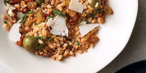 Farro And Green Olive Salad With Walnuts And Raisins