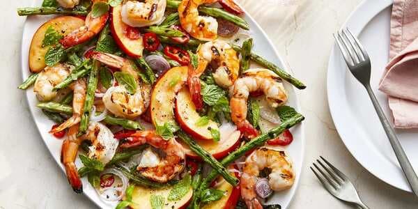 Grilled Shrimp Salad With Nectarines And Pickled Shallots