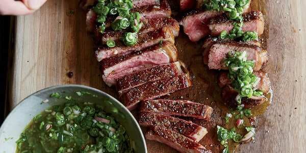 Grilled Strip Steaks With Green Bean Chimichurri