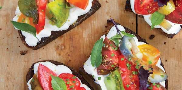 Heirloom Tomato And Pepper Toasts With Whipped Ricotta