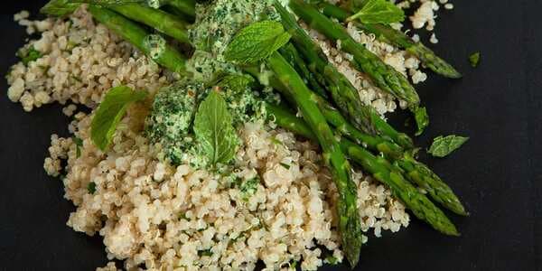 Herbed Quinoa And Roasted Asparagus With A Kale Pesto Sauce
