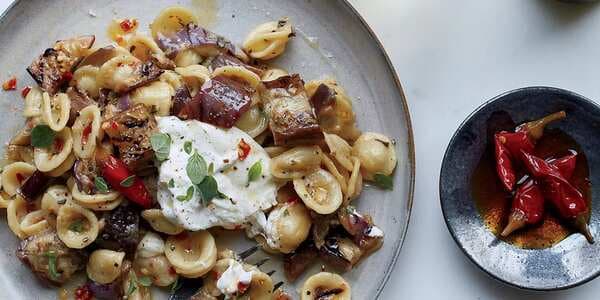 Pasta With Marinated Grilled Eggplant, Burrata And Chiles