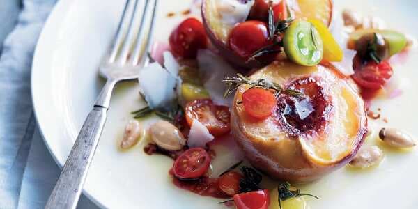 Roasted Peaches With Tomatoes, Almonds And Herbs