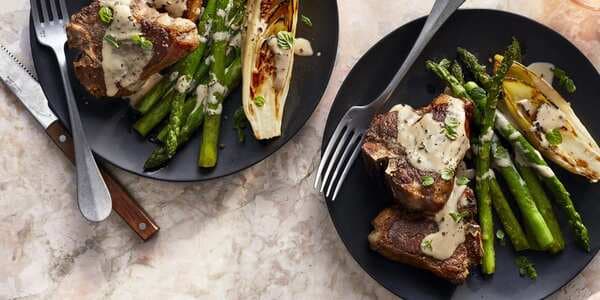 Seared Lamb Chops With Seared Endive, Asparagus, And Tahini Dressing