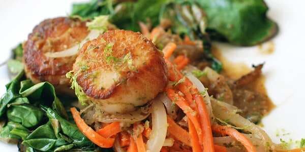 Seared Sea Scallops With Fresh Green Curry And Spinach