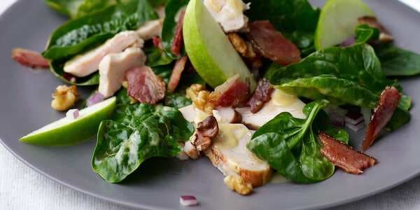 Spinach Salad With Smoked Chicken, Apple, Walnuts, And Bacon
