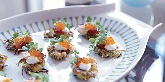 Zucchini Latkes With Red Pepper Jelly And Smoked Trout