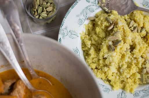Chicken, Kale And Sweet Potato Curry With Cardamom Cauliflower Rice