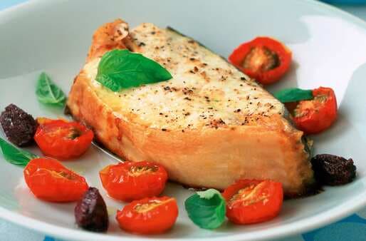 Halibut With Oven-Roasted Tomatoes, Basil And Tapenade