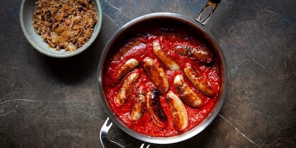 Lamb Sausages In Tomato Sauce With Bacon Sauerkraut