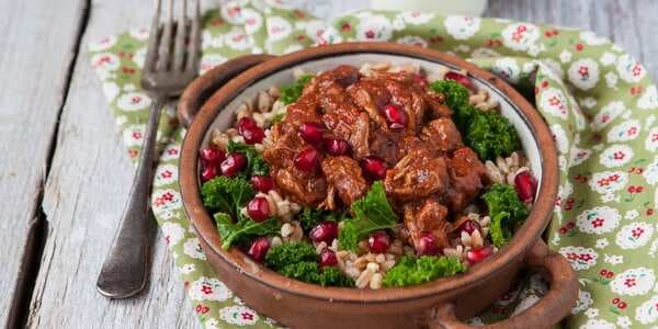 Spelt With Kale, Pulled Beef And Pomegranate Seeds