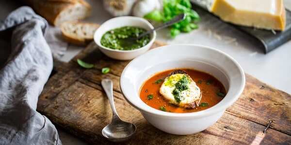 Tomato Soup With Pesto And Mozzarella Toast