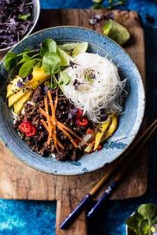 30 Minute Asian Basil Beef And Mango Noodle Salad.